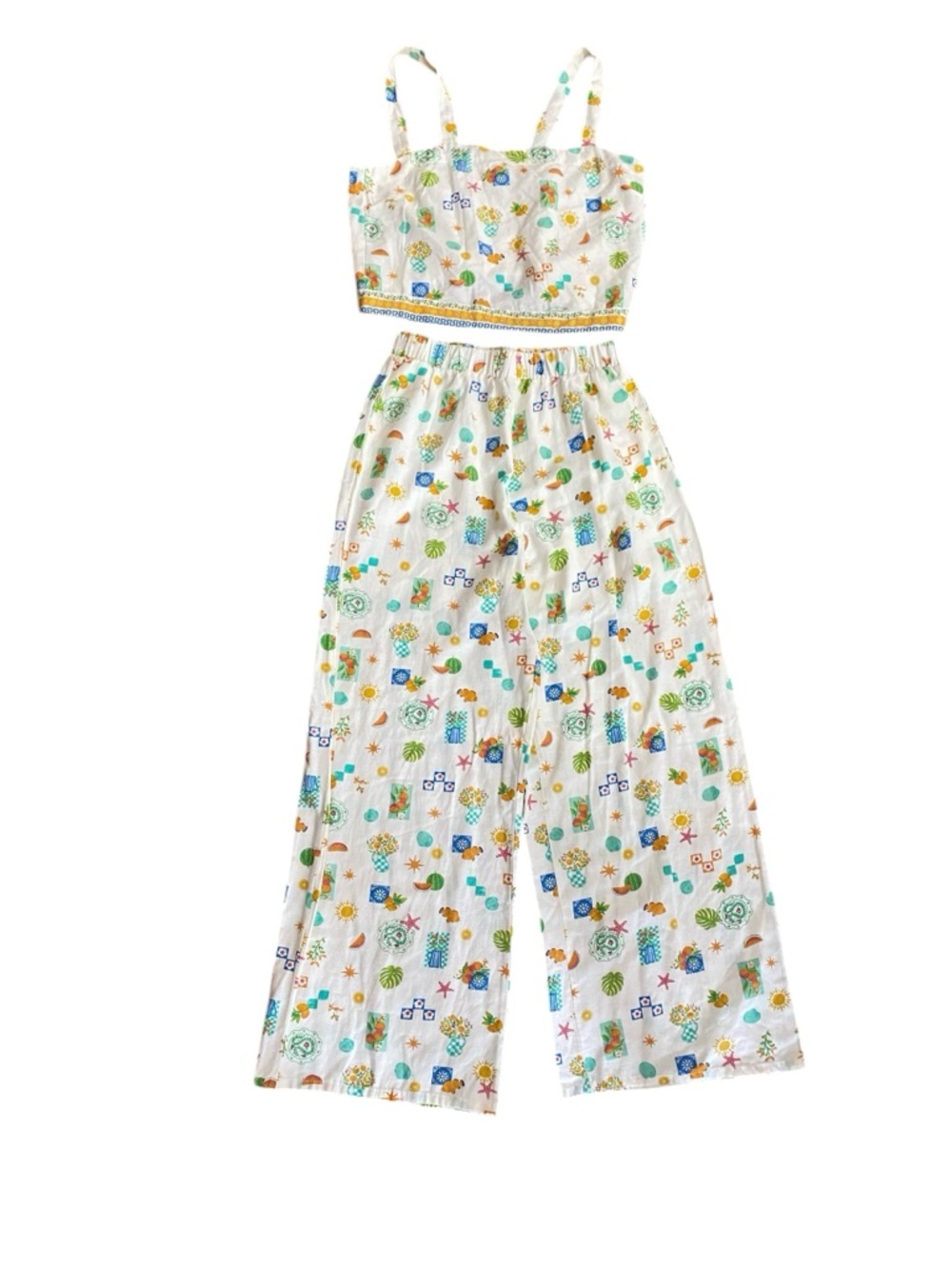 Two Piece Set CropTop Shoulder Straps Pull on Wide leg Vacation Print Fun